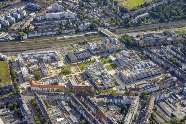 Aerial view, construction site with new building at the campus of the Düsseldorf University of Applied Sciences in the Derendorf district of Düsseldorf, Rhineland, North Rhine-Westphalia, Germany, construction work, construction area, construction site, building plots, construction project, construction site, DE, Düsseldorf, Europe, university, aerial photograph, aerial photography, aerial photography, new building, overview, bird's eye view, overview