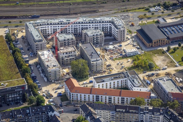 Aerial view, construction site with new building at the campus of the Düsseldorf University of Applied Sciences in the Derendorf district of Düsseldorf, Rhineland, North Rhine-Westphalia, Germany, construction work, construction area, construction site, building plots, construction project, construction site, DE, Düsseldorf, Europe, university, aerial photograph, aerial photography, aerial photography, new building, overview, bird's eye view, overview