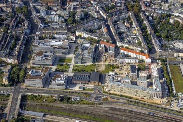 Aerial view, construction site with new building at the campus of the Düsseldorf University of Applied Sciences in the Derendorf district of Düsseldorf, Rhineland, North Rhine-Westphalia, Germany, construction work, construction area, construction site, building plots, construction project, construction site, DE, Düsseldorf, Europe, university, aerial photograph, aerial photography, aerial photography, new building, overview, bird's eye view, overview