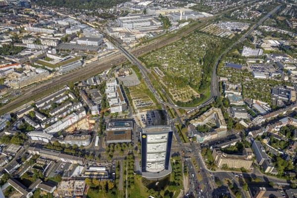 Aerial view, ARAG Tower with construction site on Mercedesstraße with new construction of an office and residential complex in the Düsseltal district of Düsseldorf, Rhineland, North Rhine-Westphalia, Germany, ARAG high-rise building, construction work, construction, construction area, construction site, building plots, construction crane, construction measure, construction project, construction site, CG Gruppe AG, DE, Düsseldorf, development, Europe, commercial buildings, property tax, high-rise buildings, real estate, capacity requirements, aerial view, aerial photography, aerial photography, new construction, overview, bird's-eye view, residential complex, living and working, residential area, residential buildings, birds-eyes view, overview
