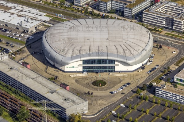 Aerial view, PSD BANK DOME event arena in the Rath district of Düsseldorf, Rhineland, North Rhine-Westphalia, Germany, DE, Düsseldorf, Europe, culture, art, aerial photography, aerial photography, aerial photography, overview, venue, event location, bird's eye view, birds-eyes view, cultural use, overview