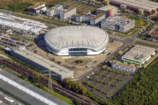 Aerial view, PSD BANK DOME event arena in the Rath district of Düsseldorf, Rhineland, North Rhine-Westphalia, Germany, DE, Düsseldorf, Europe, culture, art, aerial photography, aerial photography, aerial photography, overview, venue, event location, bird's eye view, birds-eyes view, cultural use, overview