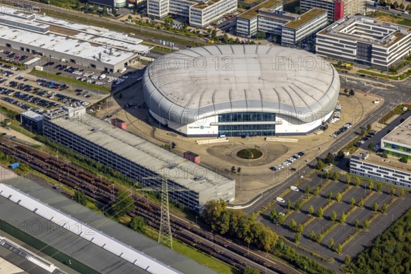 Aerial view, PSD BANK DOME event arena in the Rath district of Düsseldorf, Rhineland, North Rhine-Westphalia, Germany, DE, Düsseldorf, Europe, culture, art, aerial photography, aerial photography, aerial photography, overview, venue, event location, bird's eye view, birds-eyes view, cultural use, overview