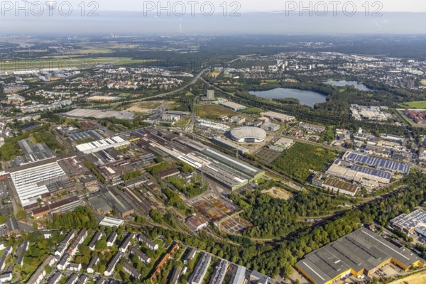 Aerial view, PSD BANK DOME event arena and exhibition grounds Vallourec Germany in the district Rath in Düsseldorf, Rhineland, North Rhine-Westphalia, Germany, DE, Düsseldorf, Europe, commercial enterprises, commercial area, commercial park, commercial location, commercial use, industrial area, industrial building, industrial location, culture, art, aerial photograph, aerial photography, aerial photography, overview, event location, event venue, bird's eye view, birds-eyes view, cultural use, overview