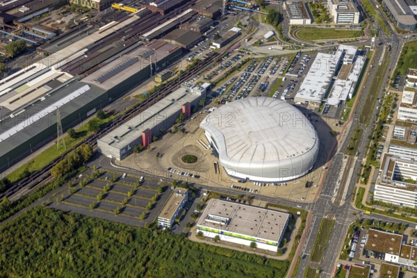 Aerial view, PSD BANK DOME event arena in the Rath district of Düsseldorf, Rhineland, North Rhine-Westphalia, Germany, DE, Düsseldorf, Europe, culture, art, aerial photography, aerial photography, aerial photography, overview, venue, event location, bird's eye view, birds-eyes view, cultural use, overview
