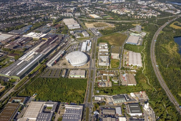 Aerial view, PSD BANK DOME event arena in the Rath district of Düsseldorf, Rhineland, North Rhine-Westphalia, Germany, DE, Düsseldorf, Europe, culture, art, aerial photography, aerial photography, aerial photography, overview, venue, event location, bird's eye view, birds-eyes view, cultural use, overview