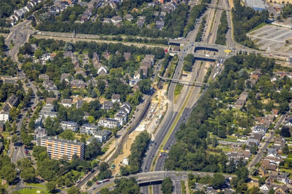 Aerial view, construction site at Danziger Straße with motorway access A44 Stockumer Höfe in Stockum, Düsseldorf, Rhineland, North Rhine-Westphalia, Germany, 2 bridges over the Weser, motorway, construction work, construction area, building site, building plots, construction project, construction site, DE, Europe, aerial view, aerial photography, aerial photography, overview, bird's-eye view, bird's-eye view, overview