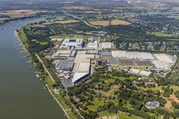 Aerial view, Messe Düsseldorf grounds and Merkur Spiel-Arena Bundesliga stadium in the Stockum district of Düsseldorf, Rhineland, North Rhine-Westphalia, Germany, arena, DE, Düsseldorf, Europe, football pitch, football stadium, football club, aerial view, aerial photography, aerial photography, exhibition centre, Rhine stadium, sports, sports facilities, sports field, sports facility, stadium, overview, bird's eye view, bird's eye view, overview