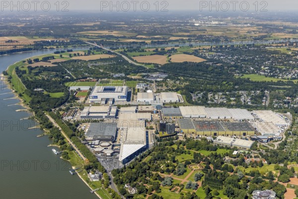 Aerial view, Messe Düsseldorf grounds and Merkur Spiel-Arena Bundesliga stadium in the Stockum district of Düsseldorf, Rhineland, North Rhine-Westphalia, Germany, arena, DE, Düsseldorf, Europe, football pitch, football stadium, football club, aerial view, aerial photography, aerial photography, exhibition centre, Rhine stadium, sports, sports facilities, sports field, sports facility, stadium, overview, bird's eye view, bird's eye view, overview