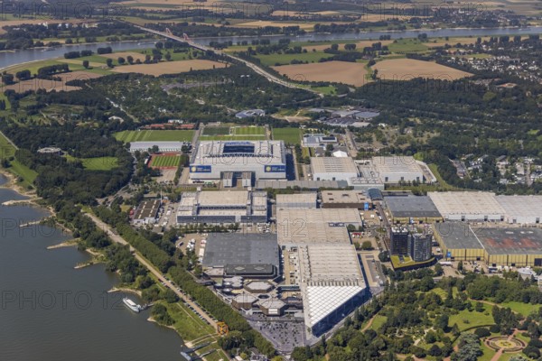 Aerial view, Messe Düsseldorf grounds and Merkur Spiel-Arena Bundesliga stadium in the Stockum district of Düsseldorf, Rhineland, North Rhine-Westphalia, Germany, arena, DE, Düsseldorf, Europe, football pitch, football stadium, football club, aerial view, aerial photography, aerial photography, exhibition centre, Rhine stadium, sports, sports facilities, sports field, sports facility, stadium, overview, bird's eye view, bird's eye view, overview