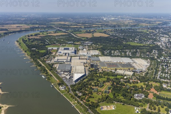 Aerial view, Messe Düsseldorf grounds and Merkur Spiel-Arena Bundesliga stadium in the Stockum district of Düsseldorf, Rhineland, North Rhine-Westphalia, Germany, arena, DE, Düsseldorf, Europe, football pitch, football stadium, football club, aerial view, aerial photography, aerial photography, exhibition centre, Rhine stadium, sports, sports facilities, sports field, sports facility, stadium, overview, bird's eye view, bird's eye view, overview