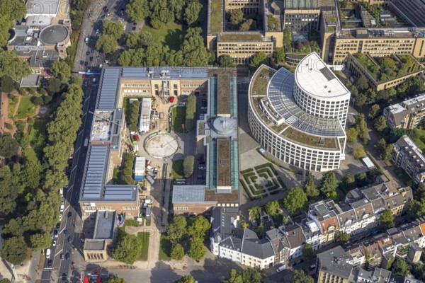 Aerial view, art palace and semicircular building of the Ministry of the Environment of North Rhine-Westphalia in the district Pempelfort in Düsseldorf, Rhineland, North Rhine-Westphalia, Germany, authority, DE, Düsseldorf, Europe, culture, art, aerial view, aerial photography, aerial photography, overview, bird's-eye view, overview