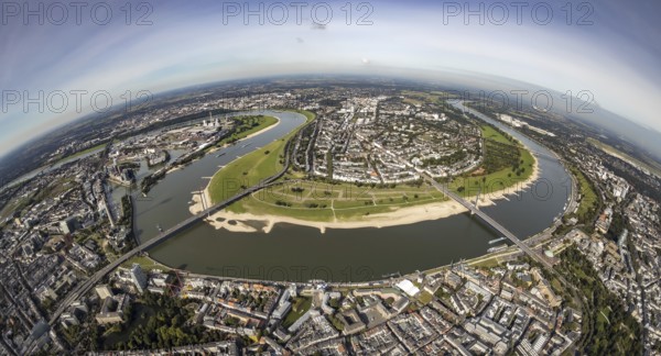 Aerial view, fisheye view river Rhine with Rheinkniebrücke and Oberkasseler Brücke and district Oberkassel in Düsseldorf, Rhineland, North Rhine-Westphalia, Germany, bridge, DE, Düsseldorf, Europe, fisheye view, river, aerial view, aerial photography, aerial photography, overview, bird's eye view, birds-eyes view, fisheye lens, overview