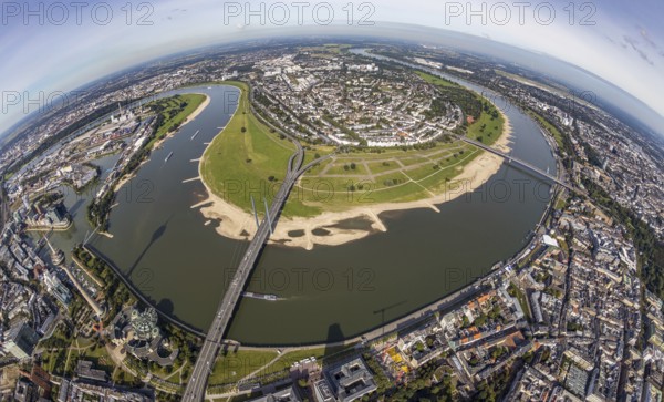 Aerial view, fisheye view river Rhine with Rheinkniebrücke and Oberkasseler Brücke and district Oberkassel in Düsseldorf, Rhineland, North Rhine-Westphalia, Germany, bridge, DE, Düsseldorf, Europe, fisheye view, river, aerial view, aerial photography, aerial photography, overview, bird's eye view, birds-eyes view, fisheye lens, overview