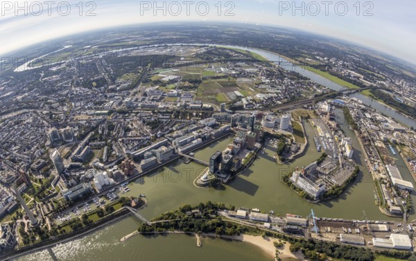 Aerial view, fisheye view of the Medienhafen in the harbour district of Düsseldorf, Rhineland, North Rhine-Westphalia, Germany, DE, Düsseldorf, Europe, fisheye view, aerial view, aerial photography, aerial photography, overview, bird's eye view, birds-eyes view, fisheye lens, overview
