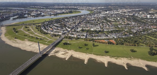 Aerial view, river Rhine with Rheinkniebrücke and district Oberkassel in Düsseldorf, Rhineland, North Rhine-Westphalia, Germany, DE, Düsseldorf, Europe, aerial view, aerial photography, aerial photography, overview, bird's-eye view, overview