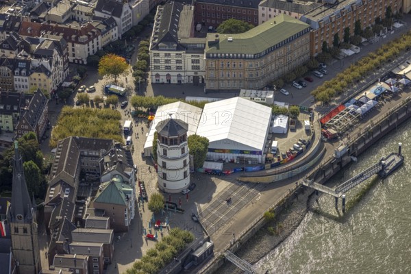 Aerial view, Altstadt with castle tower and Burgplatz as well as marquee in the district Altstadt in Düsseldorf, Rhineland, North Rhine-Westphalia, Germany, DE, Düsseldorf, Europe, culture, art, aerial view, aerial photography, aerial photography, overview, venue, event location, bird's eye view, marquee, birds-eyes view, cultural use, overview