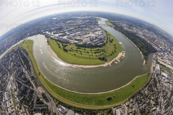 Aerial view, fisheye view of the Medienhafen at the river Rhine with Rhine bend in the district harbour in Düsseldorf, Rhineland, North Rhine-Westphalia, Germany, DE, Düsseldorf, Europe, fisheye view, aerial view, aerial photography, aerial photography, overview, bird's eye view, birds-eyes view, fisheye lens, overview