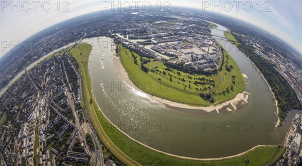Aerial view, fisheye view of the Medienhafen at the river Rhine with Rhine bend in the district harbour in Düsseldorf, Rhineland, North Rhine-Westphalia, Germany, DE, Düsseldorf, Europe, fisheye view, aerial view, aerial photography, aerial photography, overview, bird's eye view, birds-eyes view, fisheye lens, overview