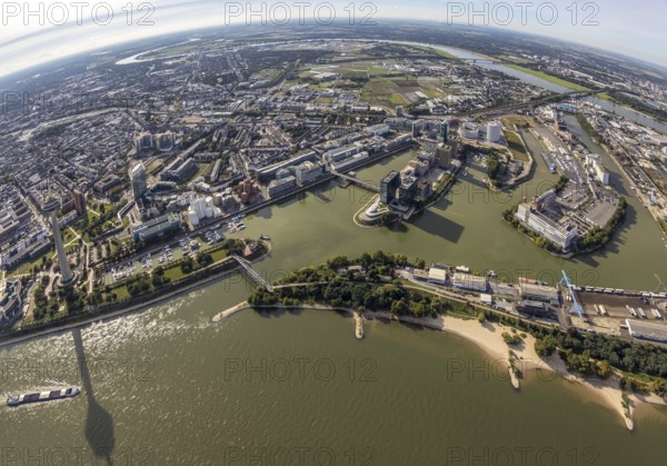 Aerial view, fisheye view of the Medienhafen in the harbour district of Düsseldorf, Rhineland, North Rhine-Westphalia, Germany, DE, Düsseldorf, Europe, fisheye view, aerial view, aerial photography, aerial photography, overview, bird's eye view, birds-eyes view, fisheye lens, overview