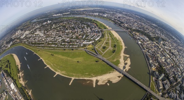 Aerial view, fisheye view river Rhine with Rheinkniebrücke and Oberkasseler Brücke and district Oberkassel in Düsseldorf, Rhineland, North Rhine-Westphalia, Germany, bridge, DE, Düsseldorf, Europe, fisheye view, river, aerial view, aerial photography, aerial photography, overview, bird's eye view, birds-eyes view, fisheye lens, overview