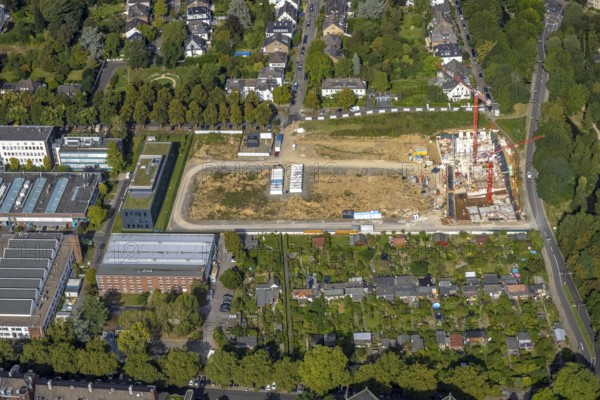 Aerial view, construction site Zoo eins neighbourhood for flats on Max-Planck-Straße in the Düsseltal district of Düsseldorf, Rhineland, North Rhine-Westphalia, Germany