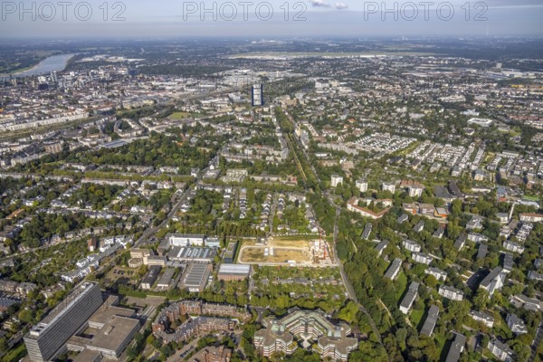 Aerial view, construction site Zoo eins Quartier für Wohnungen an der Max-Planck-Straße im Stadtteil Düsseltal in Düsseldorf, Rhineland, North Rhine-Westphalia, Germany, construction work, construction area, building site, building plots, construction project, construction site, DE, Düsseldorf, Europe, property tax, real estate, aerial photograph, aerial photography, aerial photography, new construction, overview, bird's eye view, residential complex, living and living, residential area, residential buildings, residential quality, residential neighbourhood, housing estate, birds-eyes view, overview