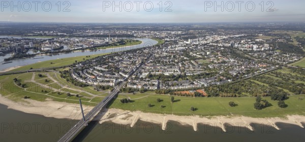 Aerial view, river Rhine with Rheinkniebrücke and district Oberkassel in Düsseldorf, Rhineland, North Rhine-Westphalia, Germany, DE, Düsseldorf, Europe, aerial view, aerial photography, aerial photography, overview, bird's-eye view, overview