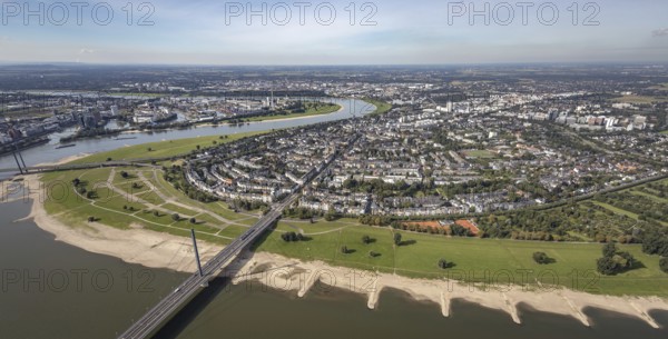Aerial view, river Rhine with Rheinkniebrücke and district Oberkassel in Düsseldorf, Rhineland, North Rhine-Westphalia, Germany, DE, Düsseldorf, Europe, aerial view, aerial photography, aerial photography, overview, bird's-eye view, overview