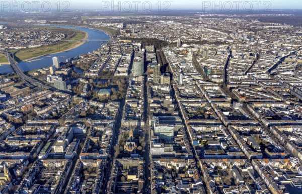 Aerial view, office buildings and commercial buildings Friedrichstraße with the catholic church St. Peter in the district Friedrichstadt in Düsseldorf, Rhineland, North Rhine-Westphalia, Germany, place of worship, city, DE, Düsseldorf, Europe, commercial buildings, commercial location, commercial use, religious community, place of worship, holy place, city centre, church, parish, denomination, aerial view, aerial photography, aerial photography, religion, religious site, city view, city centre, city centre, overview, bird's-eye view, overview