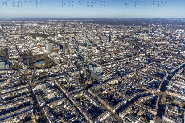 Aerial view, office buildings and commercial buildings Friedrichstraße with the catholic church St. Peter in the district Friedrichstadt in Düsseldorf, Rhineland, North Rhine-Westphalia, Germany, place of worship, city, DE, Düsseldorf, Europe, commercial buildings, commercial location, commercial use, religious community, place of worship, holy place, city centre, church, parish, denomination, aerial view, aerial photography, aerial photography, religion, religious site, city view, city centre, city centre, overview, bird's-eye view, overview