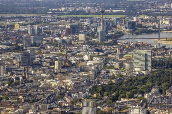Aerial view, city view Carlstadt with view to the Rhine Tower and Media Harbour in the district harbour in Düsseldorf, Rhineland, North Rhine-Westphalia, Germany, DE, Düsseldorf, Europe, aerial view, aerial photography, aerial photography, overview, bird's-eye view, overview