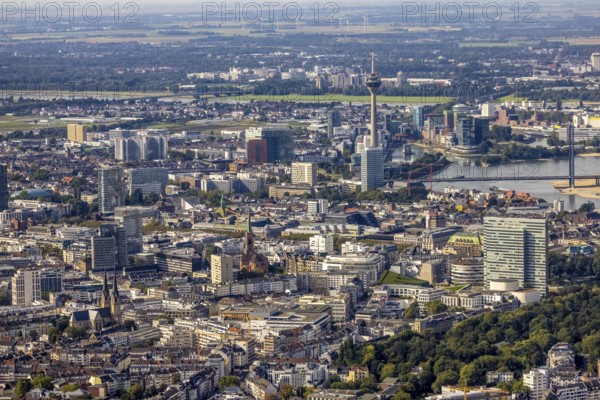 Aerial view, city view Carlstadt with view to the Rhine Tower and Media Harbour in the district harbour in Düsseldorf, Rhineland, North Rhine-Westphalia, Germany, DE, Düsseldorf, Europe, aerial view, aerial photography, aerial photography, overview, bird's-eye view, overview