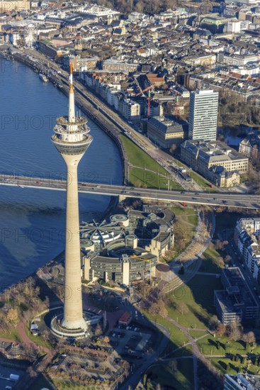 Aerial view, State Parliament of North Rhine-Westphalia and Rhine Tower in the harbour district of Düsseldorf, Rhineland, North Rhine-Westphalia, Germany, DE, Düsseldorf, Europe, aerial view, aerial photography, aerial photography, overview, bird's-eye view, overview