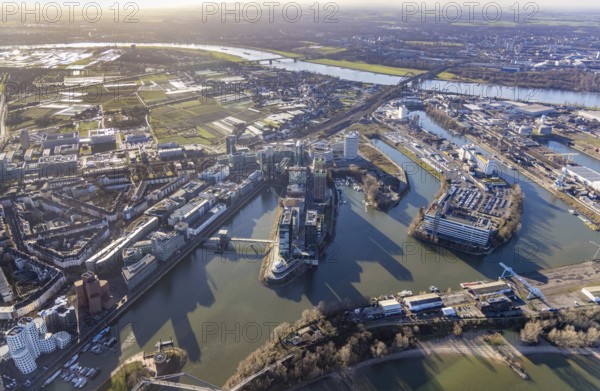 Aerial view, office buildings and commercial buildings in the media harbour in the harbour in Düsseldorf, Rhineland, North Rhine-Westphalia, Germany, DE, Düsseldorf, Europe, commercial enterprises, commercial area, commercial park, commercial location, commercial use, harbour area, industrial area, industrial location, aerial photograph, aerial photography, aerial photography, overview, bird's-eye view, overview