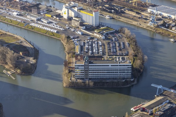 Aerial view, office buildings and commercial buildings Plange Mühle in the media harbour in the harbour in Düsseldorf, Rhineland, North Rhine-Westphalia, Germany, DE, Düsseldorf, Europe, commercial enterprises, commercial area, commercial park, commercial location, commercial use, harbour area, industrial area, industrial location, aerial photograph, aerial photography, aerial photography, overview, bird's-eye view, bird's-eye view, overview