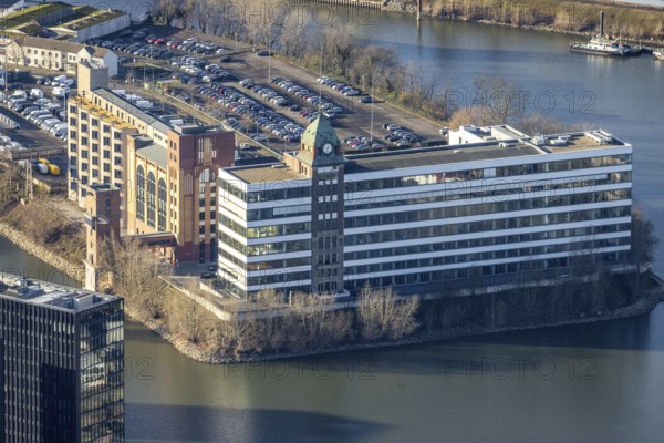 Aerial view, office buildings and commercial buildings Plange Mühle in the media harbour in the harbour in Düsseldorf, Rhineland, North Rhine-Westphalia, Germany, DE, Düsseldorf, Europe, commercial enterprises, commercial area, commercial park, commercial location, commercial use, harbour area, industrial area, industrial location, aerial photograph, aerial photography, aerial photography, overview, bird's-eye view, bird's-eye view, overview