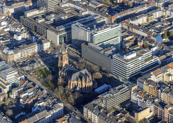 Aerial view, office buildings and commercial buildings Friedrichstraße with the catholic church St. Peter and the Ministry of the Interior of the State of North Rhine-Westphalia in the Friedrichstadt district of Düsseldorf, Rhineland, North Rhine-Westphalia, Germany, place of worship, city, DE, Düsseldorf, Europe, commercial buildings, commercial location, commercial use, religious community, place of worship, sacred site, city centre, church, parish, denomination, aerial view, aerial photography, aerial photography, religion, religious site, city view, city centre, city centre, overview, bird's-eye view, bird's-eye view, overview