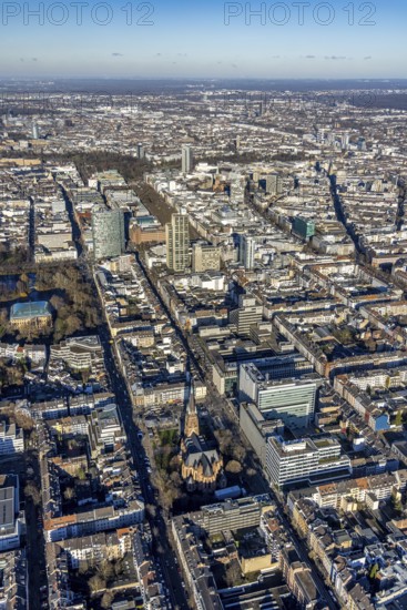 Aerial view, office buildings and commercial buildings Friedrichstraße with the catholic church St. Peter in the district Friedrichstadt in Düsseldorf, Rhineland, North Rhine-Westphalia, Germany, place of worship, city, DE, Düsseldorf, Europe, commercial buildings, commercial location, commercial use, religious community, place of worship, holy place, city centre, church, parish, denomination, aerial view, aerial photography, aerial photography, religion, religious site, city view, city centre, city centre, overview, bird's-eye view, overview