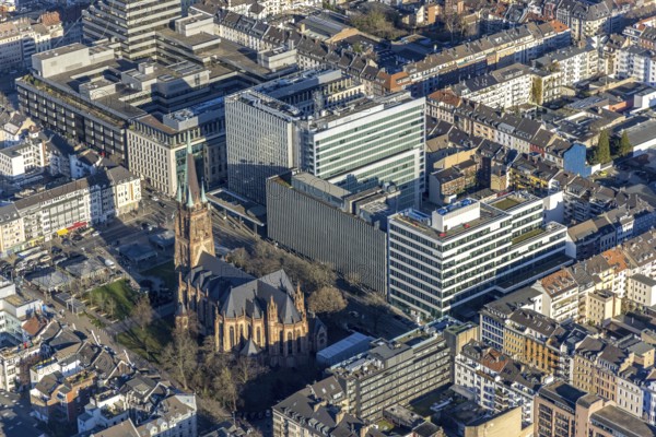 Aerial view, office buildings and commercial buildings Friedrichstraße with the catholic church St. Peter and the Ministry of the Interior of the State of North Rhine-Westphalia in the Friedrichstadt district of Düsseldorf, Rhineland, North Rhine-Westphalia, Germany, place of worship, city, DE, Düsseldorf, Europe, commercial buildings, commercial location, commercial use, religious community, place of worship, sacred site, city centre, church, parish, denomination, aerial view, aerial photography, aerial photography, religion, religious site, city view, city centre, city centre, overview, bird's-eye view, bird's-eye view, overview