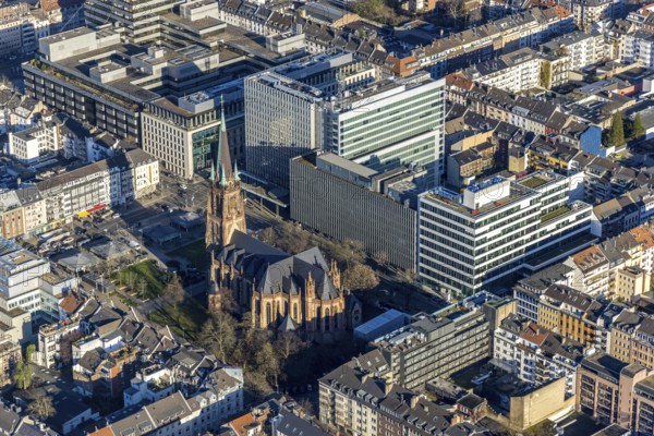 Aerial view, office buildings and commercial buildings Friedrichstraße with the catholic church St. Peter and the Ministry of the Interior of the State of North Rhine-Westphalia in the Friedrichstadt district of Düsseldorf, Rhineland, North Rhine-Westphalia, Germany, place of worship, city, DE, Düsseldorf, Europe, commercial buildings, commercial location, commercial use, religious community, place of worship, sacred site, city centre, church, parish, denomination, aerial view, aerial photography, aerial photography, religion, religious site, city view, city centre, city centre, overview, bird's-eye view, bird's-eye view, overview