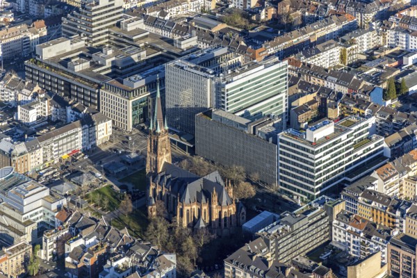 Aerial view, office buildings and commercial buildings Friedrichstraße with the catholic church St. Peter and the Ministry of the Interior of the State of North Rhine-Westphalia in the Friedrichstadt district of Düsseldorf, Rhineland, North Rhine-Westphalia, Germany, place of worship, city, DE, Düsseldorf, Europe, commercial buildings, commercial location, commercial use, religious community, place of worship, sacred site, city centre, church, parish, denomination, aerial view, aerial photography, aerial photography, religion, religious site, city view, city centre, city centre, overview, bird's-eye view, bird's-eye view, overview