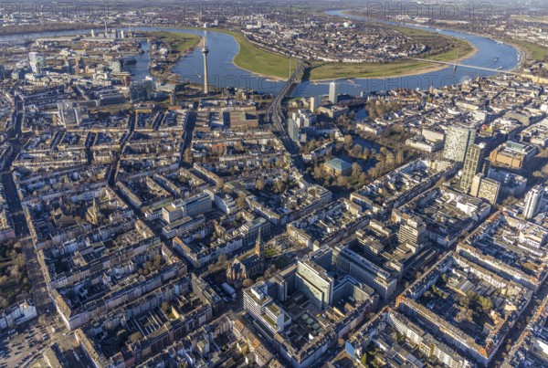 Aerial view, office buildings and commercial buildings Friedrichstraße with the catholic church St. Peter and Rhine Arch and Rhine Tower in the Friedrichstadt district of Düsseldorf, Rhineland, North Rhine-Westphalia, Germany, place of worship, City, DE, Düsseldorf, Europe, commercial buildings, commercial location, commercial use, religious community, place of worship, holy place, city centre, church, parish, denomination, aerial view, aerial photography, aerial photography, religion, religious site, Rheinkniebrücke, city view, city centre, city centre, overview, bird's-eye view, bird's-eye view, overview