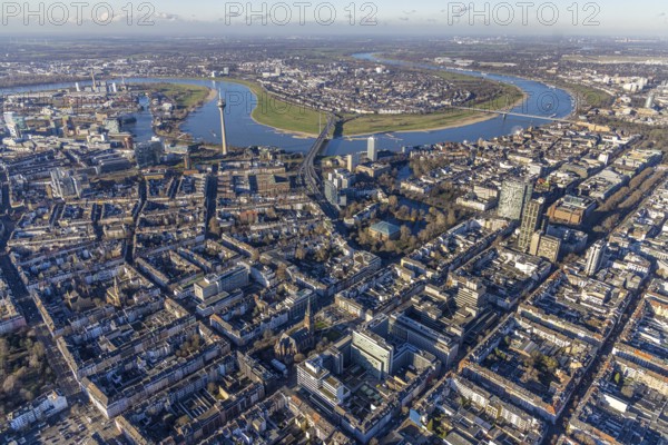 Aerial view, office buildings and commercial buildings Friedrichstraße with the catholic church St. Peter and Rhine Arch and Rhine Tower in the Friedrichstadt district of Düsseldorf, Rhineland, North Rhine-Westphalia, Germany, place of worship, City, DE, Düsseldorf, Europe, commercial buildings, commercial location, commercial use, religious community, place of worship, holy place, city centre, church, parish, denomination, aerial view, aerial photography, aerial photography, religion, religious site, Rheinkniebrücke, city view, city centre, city centre, overview, bird's-eye view, bird's-eye view, overview