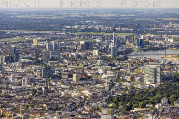 Aerial view, city view Carlstadt with view to the Rhine Tower and Media Harbour in the district harbour in Düsseldorf, Rhineland, North Rhine-Westphalia, Germany, DE, Düsseldorf, Europe, aerial view, aerial photography, aerial photography, overview, bird's-eye view, overview