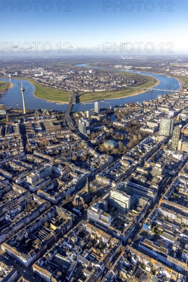Aerial view, office buildings and commercial buildings Friedrichstraße with the catholic church St. Peter and Rhine Arch and Rhine Tower in the Friedrichstadt district of Düsseldorf, Rhineland, North Rhine-Westphalia, Germany, place of worship, City, DE, Düsseldorf, Europe, commercial buildings, commercial location, commercial use, religious community, place of worship, holy place, city centre, church, parish, denomination, aerial view, aerial photography, aerial photography, religion, religious site, Rheinkniebrücke, city view, city centre, city centre, overview, bird's-eye view, bird's-eye view, overview