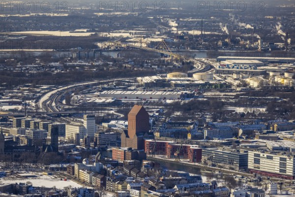 Aerial view, Landesarchiv North Rhine-Westphalia Abteilung Rheinland, Yachthafen Marina Duisburg, inner harbour, old town, Duisburg, Ruhr area, North Rhine-Westphalia, Germany, DE, Europe, aerial view, aerial photography, aerial photography, snow, overview, bird's eye view, winter, birds-eyes view, cleared roads, overview