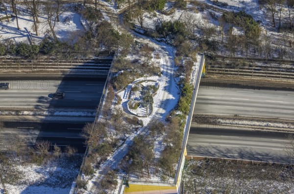 Aerial view, pedestrian bridge and green bridge at the zoo over the A3 motorway, Duissern, Duisburg, Ruhr area, North Rhine-Westphalia, Germany, motorway, bridge, DE, Europe, pedestrian bridge, green bridge, aerial view, aerial photography, aerial photography, snow, overview, bird's eye view, wildlife bridge, winter, birds-eyes view, cleared roads, overview