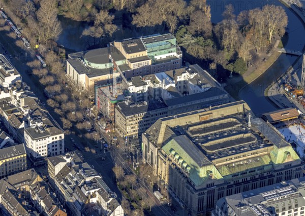 Aerial view, German Opera and construction site with new building on Heinrich-Heine-Allee in the city centre district of Düsseldorf, Rhineland, North Rhine-Westphalia, Germany, construction work, construction area, construction site, building plots, construction project, construction site, DE, Düsseldorf, Europe, culture, art, aerial view, aerial photography, aerial photography, new building, overview, venue, event location, bird's eye view, bird's eye view, cultural use, overview