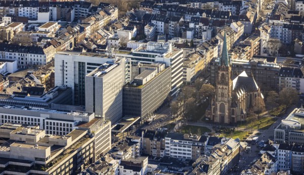 Aerial view, office buildings and commercial buildings with the Ministry of the Interior of the State of North Rhine-Westphalia on Friedrichstraße and St. Peter's Catholic Church in the Friedrichstadt district of Düsseldorf. Peter in the Friedrichstadt district of Düsseldorf, Rhineland, North Rhine-Westphalia, Germany, place of worship, City, DE, Düsseldorf, Europe, commercial buildings, commercial location, commercial use, religious community, place of worship, holy place, city centre, church, parish, denomination, aerial view, aerial photography, aerial photography, religion, religious site, city view, city centre, city centre, overview, bird's-eye view, overview